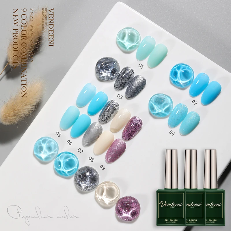 

Vendeeni 9 Colors/set Sky Blue Series Gel Nail Polish Soak Off UV LED Blue Gray Silver Nail Art Gel Lacquer Gel Varnish 15ml