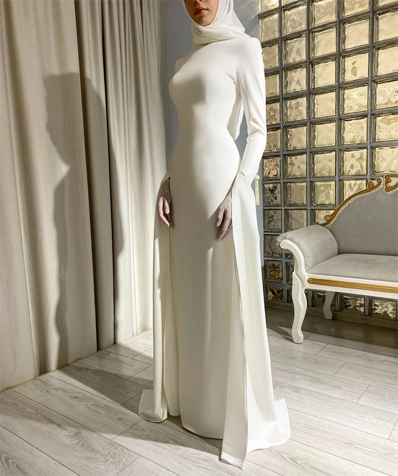 Ivory Mermaid Muslim Arabic Evening Dresses Drap Modest Flare Long Sleeves Formal Prom Gowns Dubai Occasion Party Dress vestidos