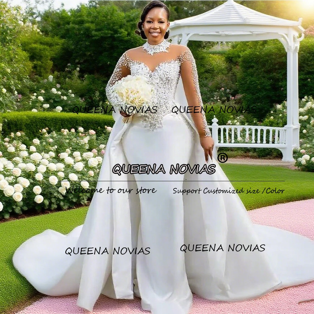 

Sparkly Beaded Stoned Wedding Dresses High Neck Illusion Long Sleeves Mermaid Bridal Gowns Detachable Train Dress Customized