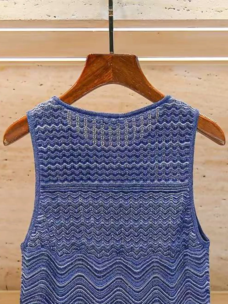 صيف جديد موضة مزاجه الأزرق شريط فستان منسوج المرأة أنيقة الجوف خارج س الرقبة ضئيلة أكمام محبوك رداء الإناث 2025 #4