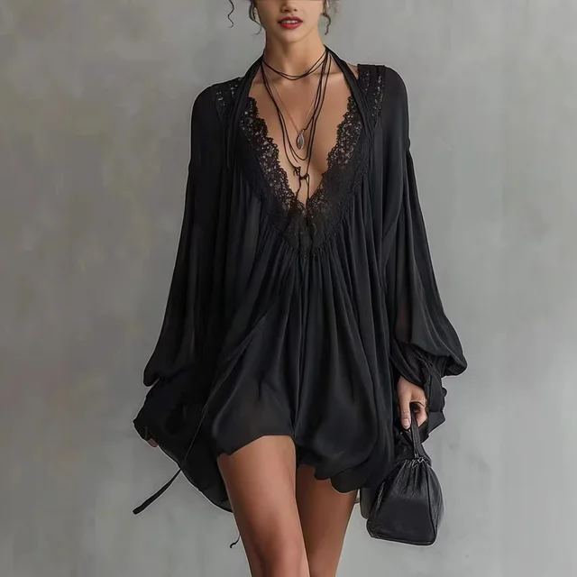 Vestido Mini Halter Negro con Encaje y Escote en V Profundo para Mujer, Verano 2026, Holgado, Manga Larga Acampanada, Gasa, Estilo Bohemio, para Playa