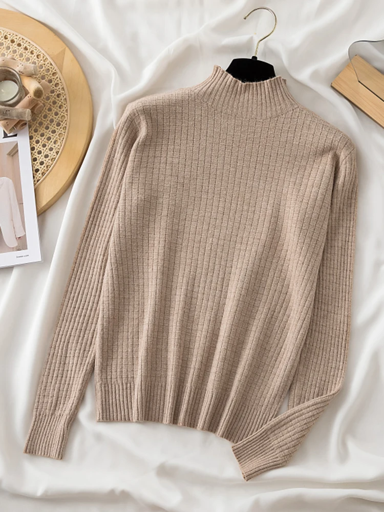 

Half High Collar Long Sleeve Women Sweater 2022 Autumn Winter White Plaid Pullover Sweaters Knit Top Femme Casual Woman Clothes