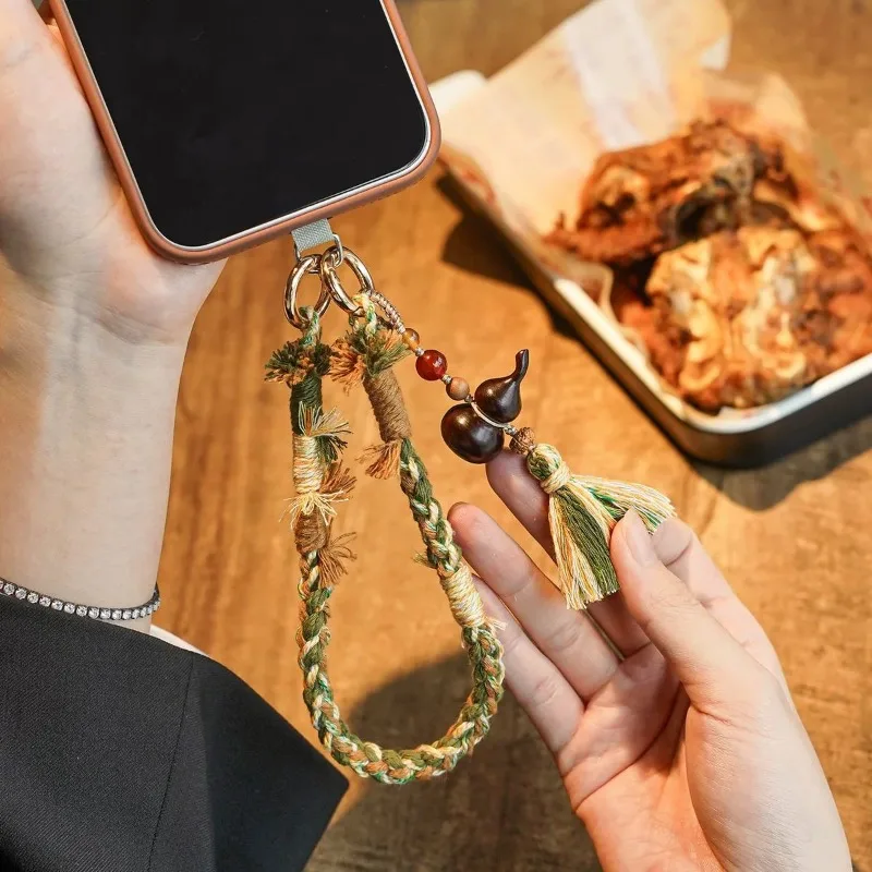 Sandalwood Gourd Tibetan Chinese Phone Lanyard Keychain with Woven Bracelet Backpack Charm Ethnic Handcrafted Artisan Accessory