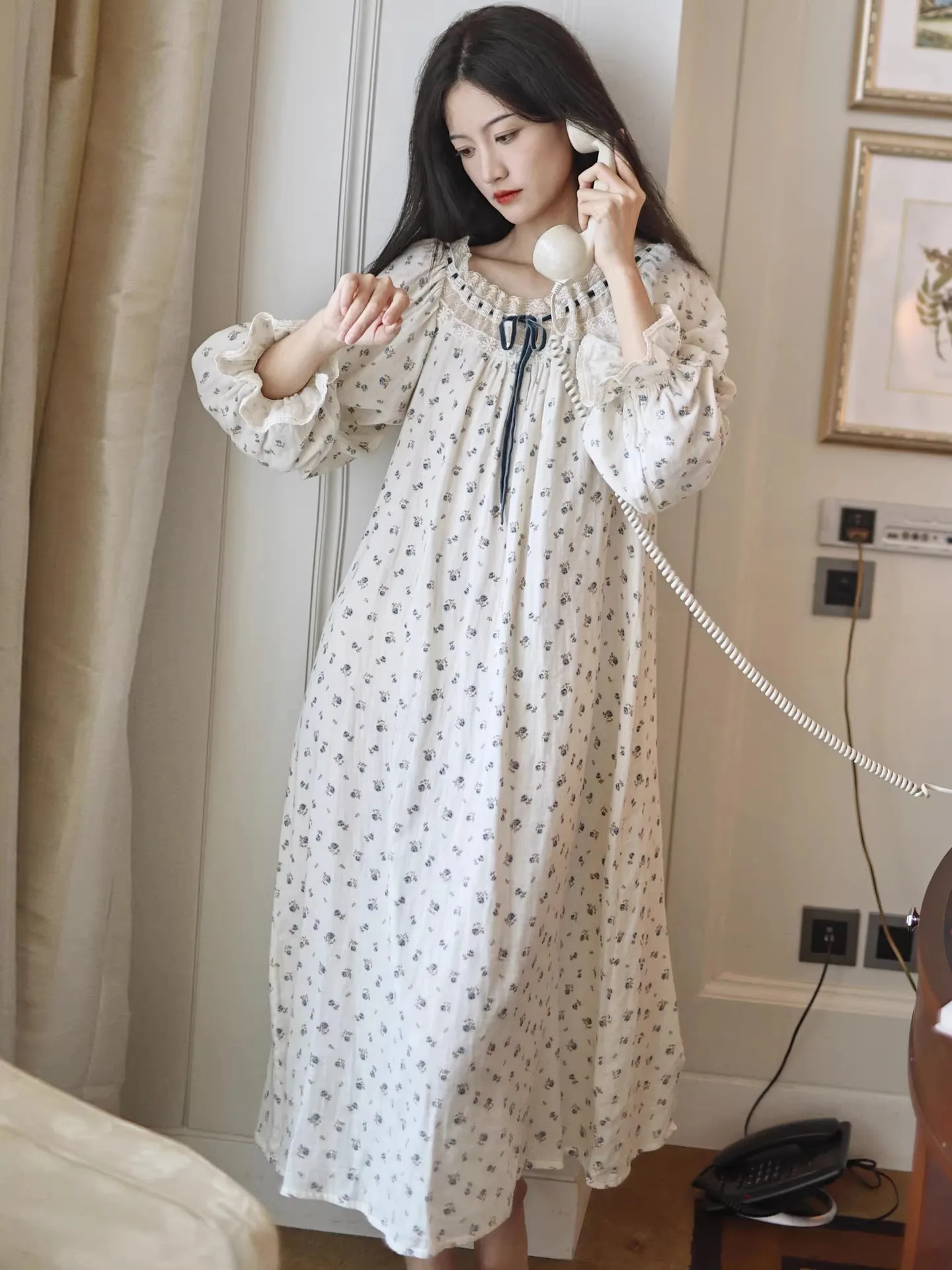 100% Cotton 2026 New Lady Floral Printed Loose Nightgown French Retro Sweet Princess Sleepwear Home Wear Long Sleeve Nightdress