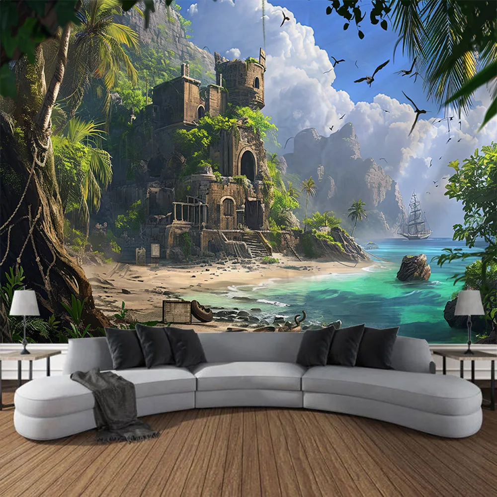 Fantasy sea view tapestry, coconut boat castle print wall hanging cloth suitable for home, office, dormitory wall art decoration