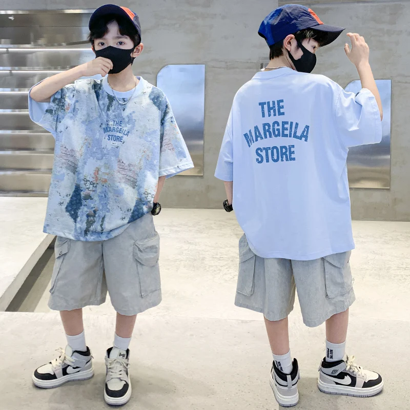 

Korean Style Kids New Summer Suit for Boys Top and Bottom Set Children Cotton Short Sleeve T-shirt and Cargo Shorts Clothes Set