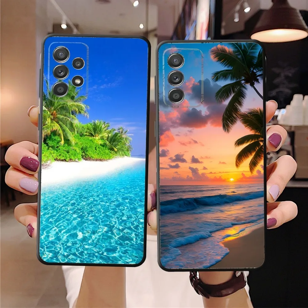 Sea Tropical Palm Trees Beach   Phone Case For SamsungS24,S23,S22,S21,S20 Ultra Pro S10,S30Plus,S9,20lite Ultra Black Cover