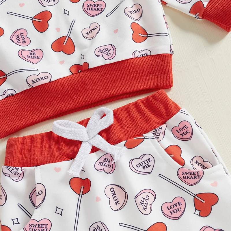 

Toddler Girl 2-Piece Valentine’s Day Set with Heart Lollipop Print Sweatshirt and Pants - Adorable Spring Outfit for Baby