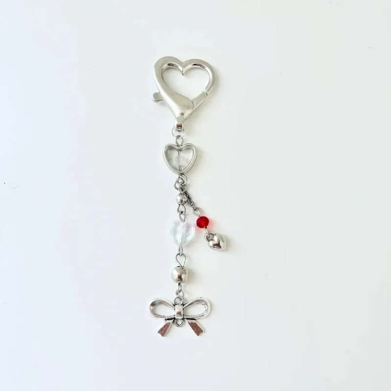 coquette keychain/silver love keychain/bow heart keychain/beaded charm keychain/y2k Handmade/A gift for mom ﻿