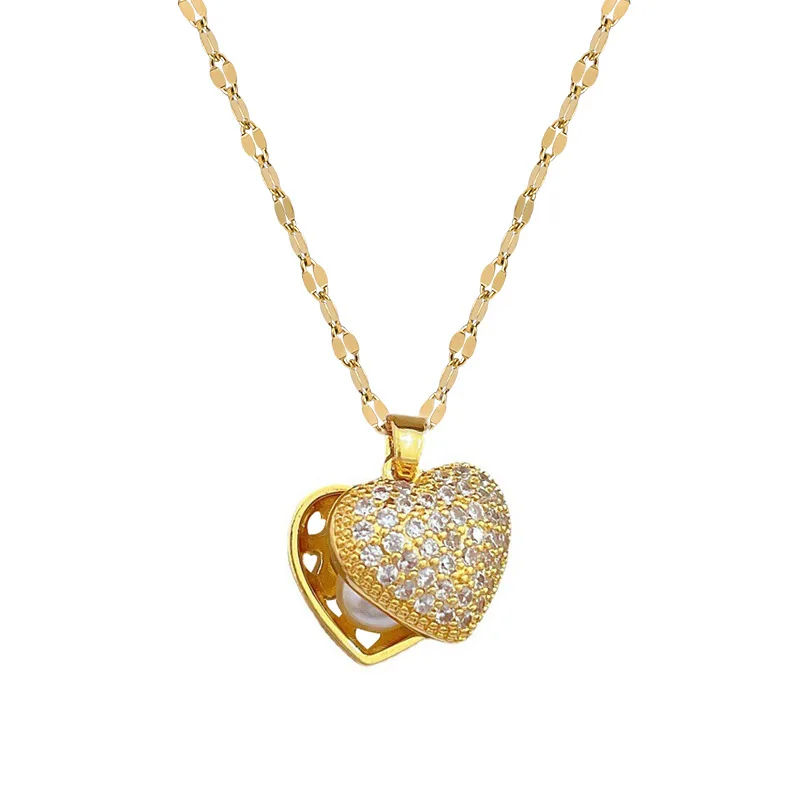 Temperament Full Zircon Heart Pearl Pendant Necklace for Women Luxury Gold Color Stainless Steel Shell Chokers Jewelry Fastness