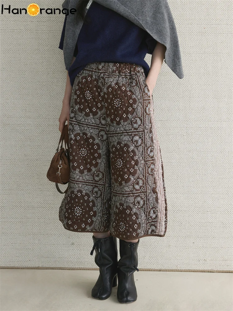 

HanOrange 2025 Winter Retro Fashion Paisley Cashew Pattern Contrast Capri Pants Women Loose Warm Cropped Trousers Coffee