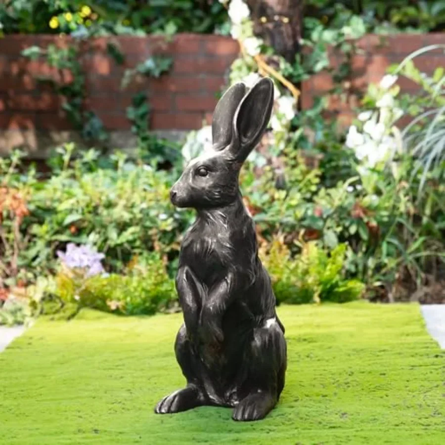 Outdoor garden decoration: bronze-colored rabbit statue, 23-inch tall standing bunny sculpture, MGO material, Easter gift for p