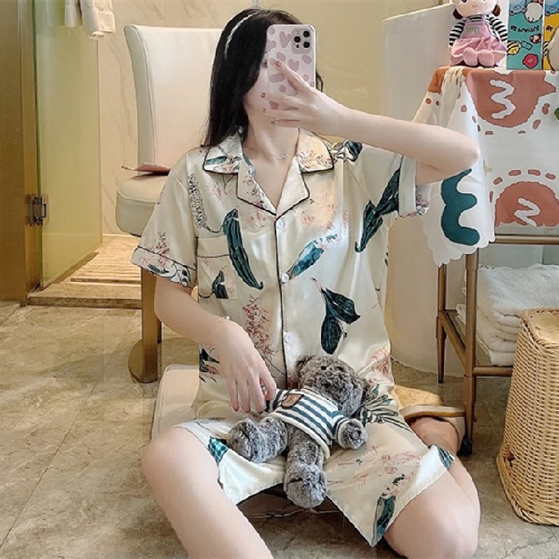 New Fashion Summer Soft Silk Nightgown Half Sleeve Leaves Printing Turn-down Collar Homedress Leisure Satin Nightdress For Women