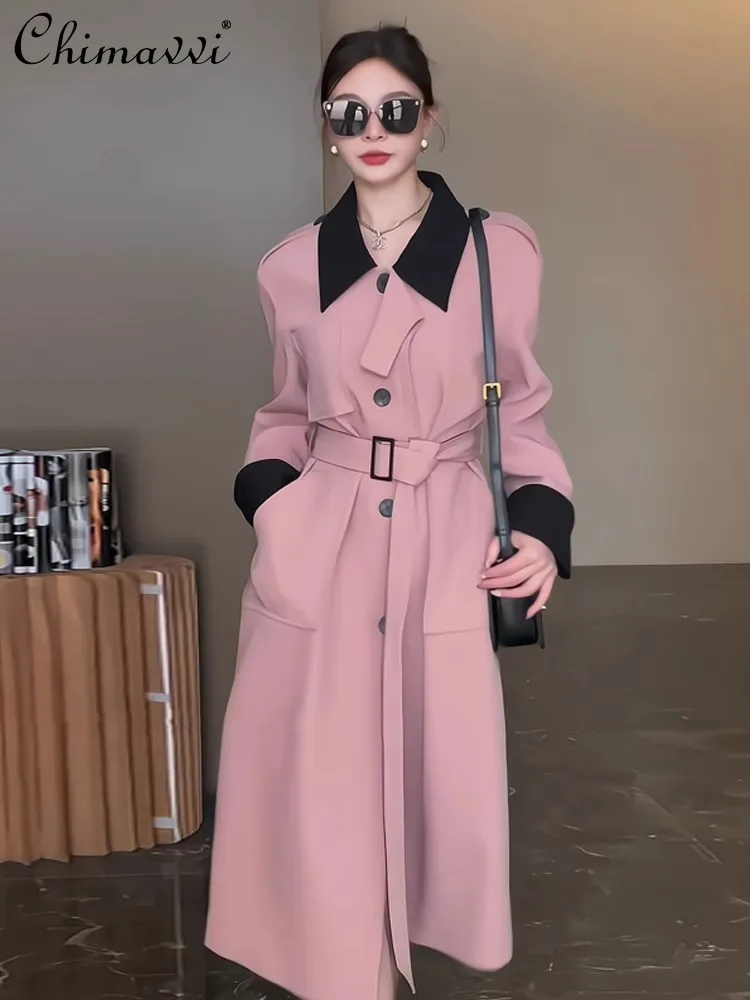 

High-End Fashion Trench Coat Autumn New Polo Collar Single-Breasted Long Sleeve Elegant Leisure Mid-Length Pink Coat All-match