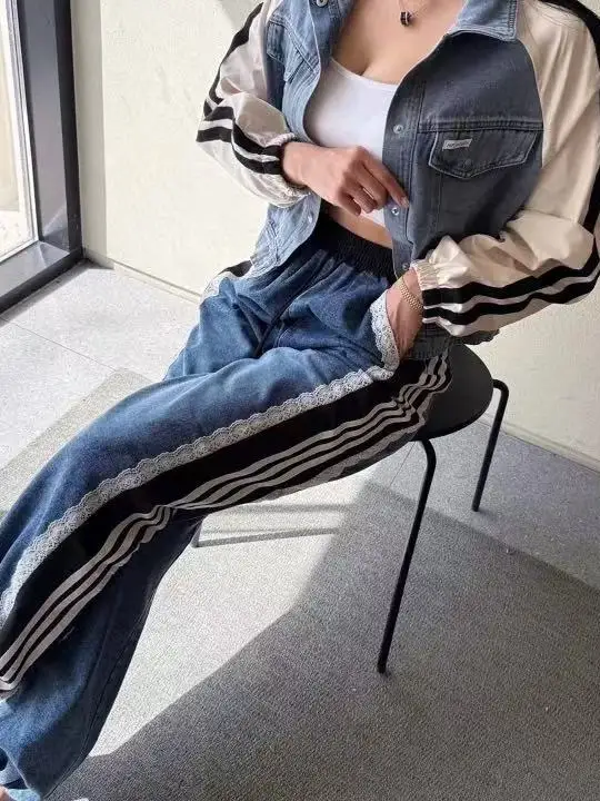 الرجعية الدنيم Jaet مجموعة المرأة الخريف الشتاء المرقعة الدانتيل عالية الخصر عادية بنطال ذو قصة أرجل واسعة قطعتين مجموعة Faionable فرقة