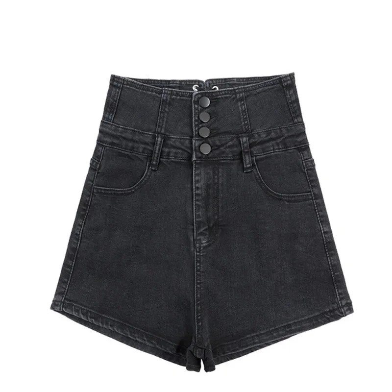 Summer Women Sexy Back Lace Up Design High Waist Hot Shorts Multi-button Black Denim Shorts New White A-Line Loose Straight Jean