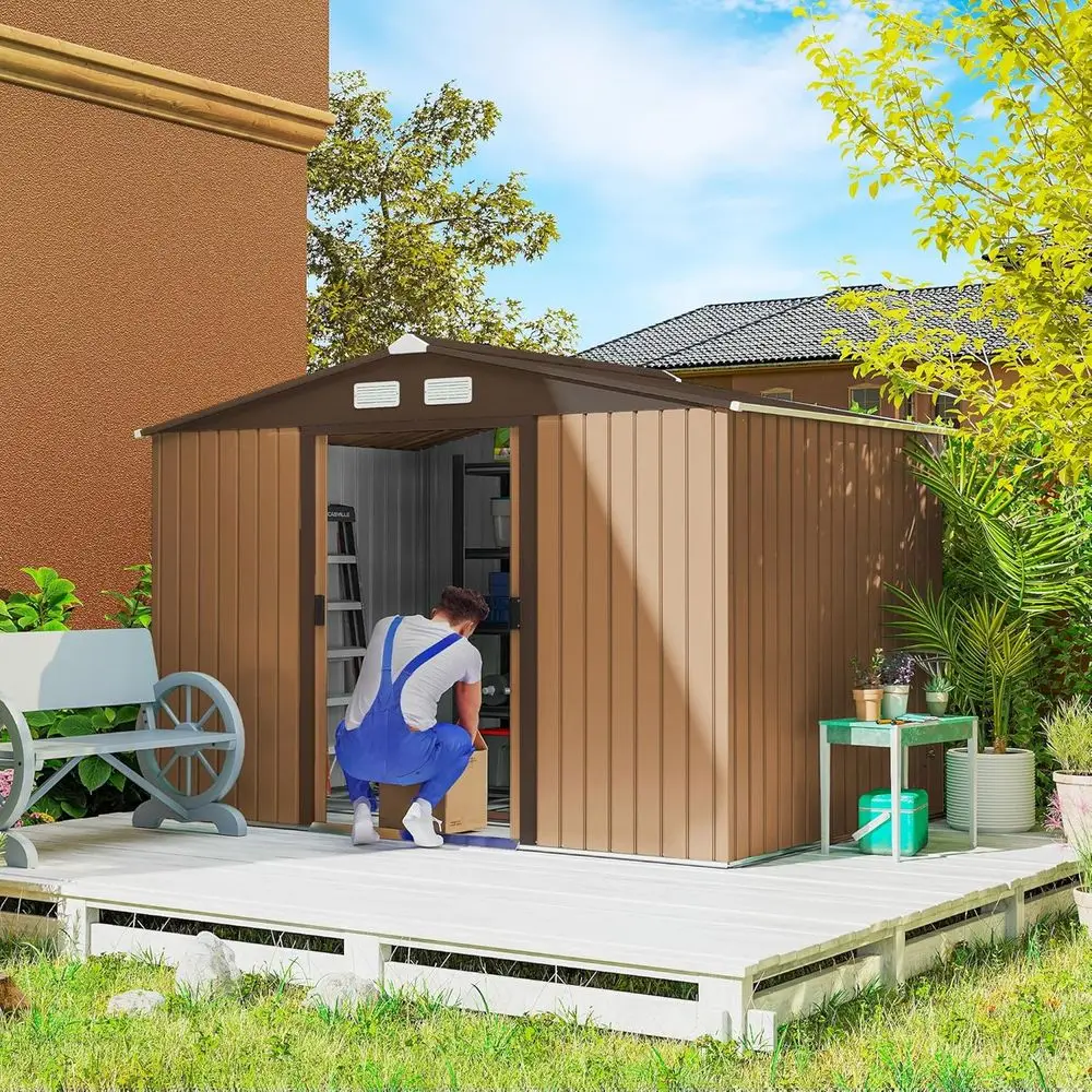 

6' x 9' Outdoor Metal Storage Shed with Foundation Kit, Lockable Double Doors, Air Vents, Sloping Roof - Ideal for Garden Tools,