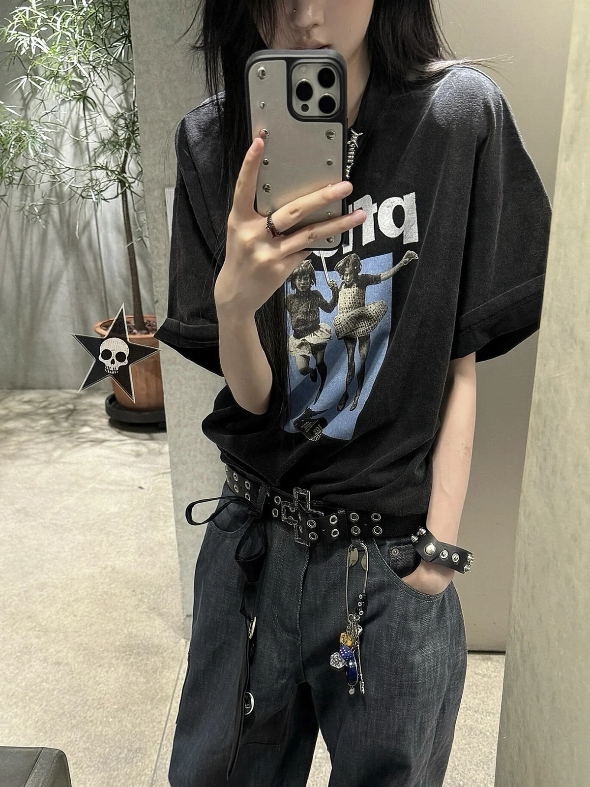 Sakura American Retro Print Loose Women's Short Sleeve T-shirt Casual Style Cotton round Neck Black Washed Top for Ladies