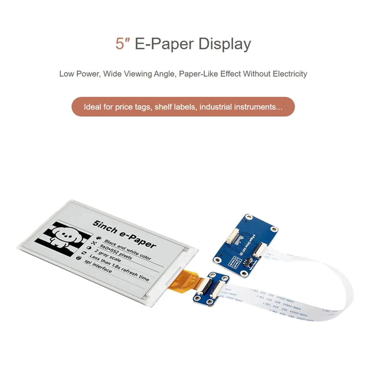 5inch E-Paper Display Display, 960 X 552 Black / White, SPI Interface, Based on for 40PIN GPIO Header