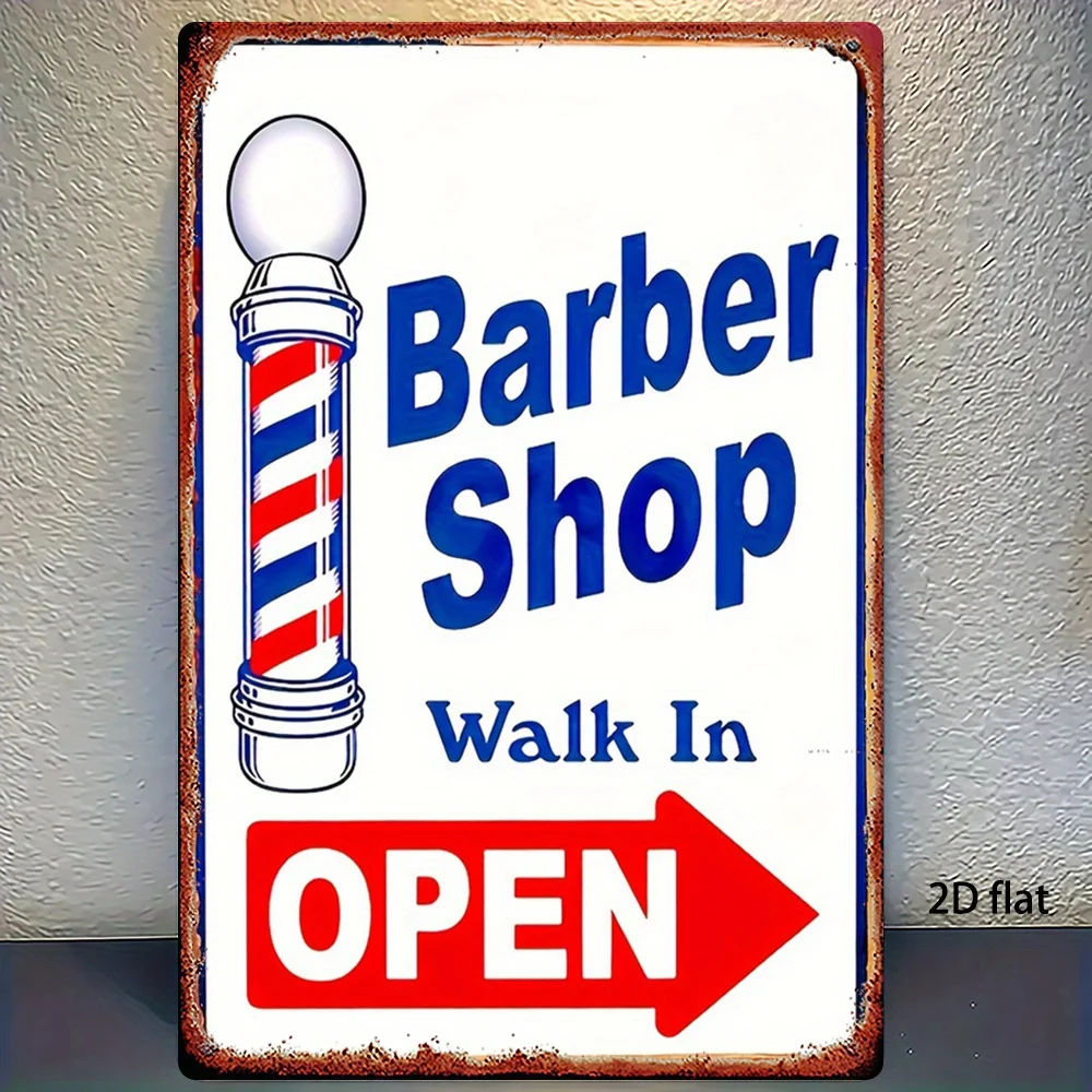 Panneau 2D en métal plat « Step In Open » avec flèche, décor vintage pour salon de coiffure, fer robuste, pour homme, pour salon ou cave