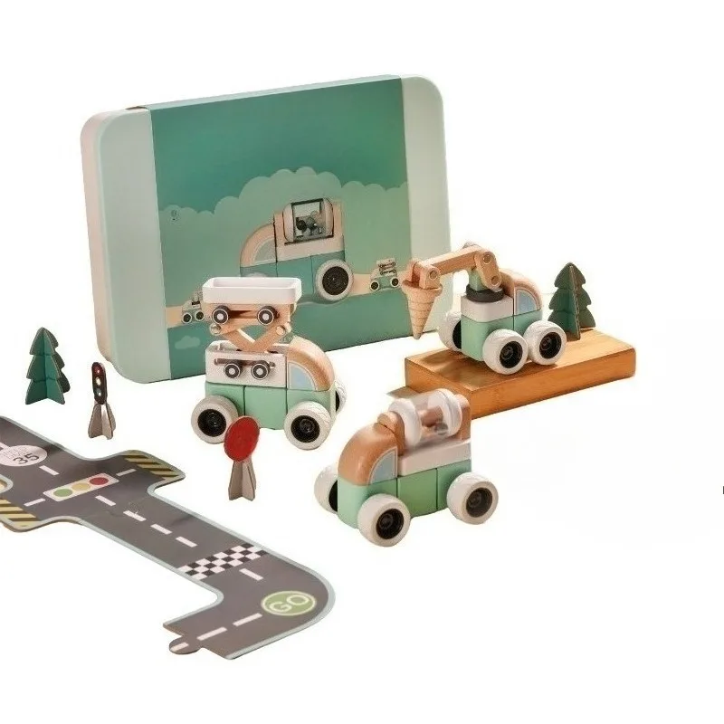 Wooden Construction Vehicle Building Block Toy Set for Boys Customizable DIY Assembled Engineering Truck Pu