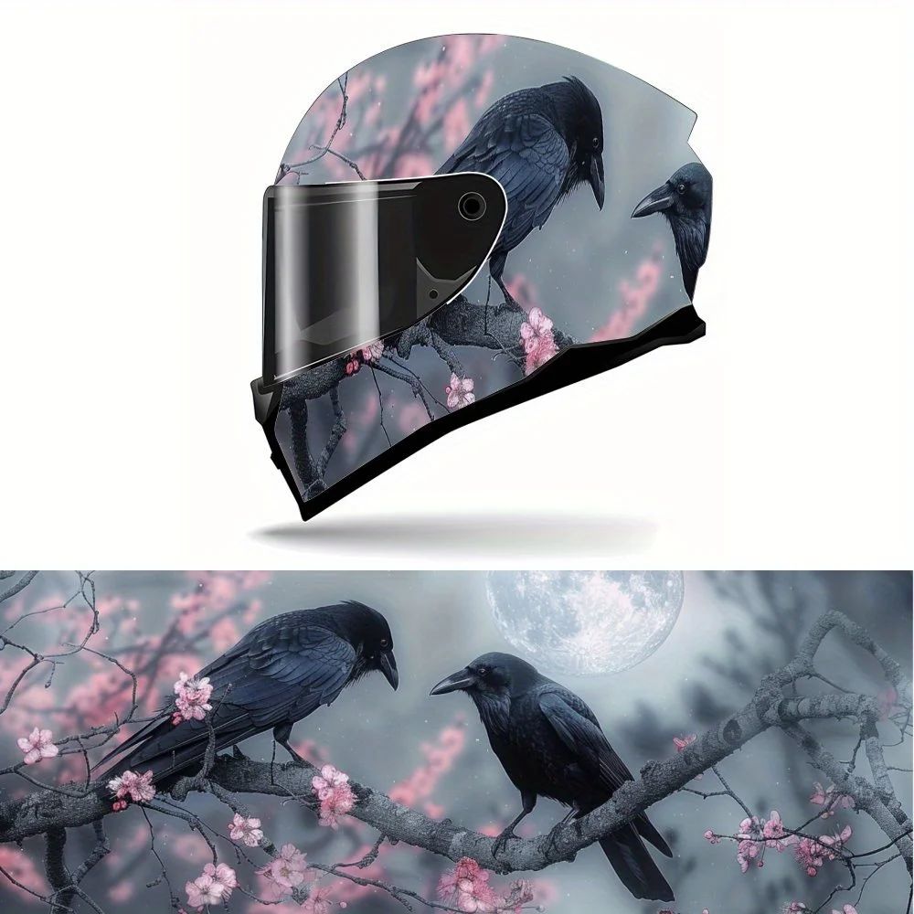 The Black Crow Perched Under the Moonlight Print Full Helmet Wrap Sticker Motorcycle Helmet Racing Graphic Decal Vinyl Wrap Helm