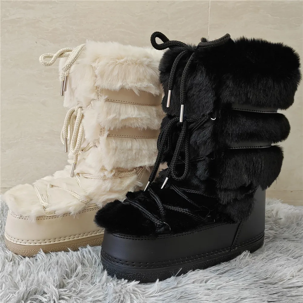 Women Snow Boots Luxury Furry Rabbit Fur Boots 2024 Winter Mid-calf Fluffy Fur Ski Boots Female Waterproof Platform Cotton Boots