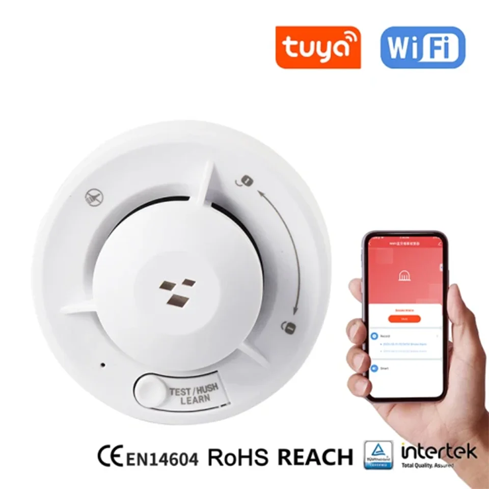 

Детектор дыма Tuya Wi-Fi с поддержкой приложения Tuya, 10-летний срок службы датчика, питание от батареек АА, уведомления в реальном времени, кнопка отключения звука, для Smart Life