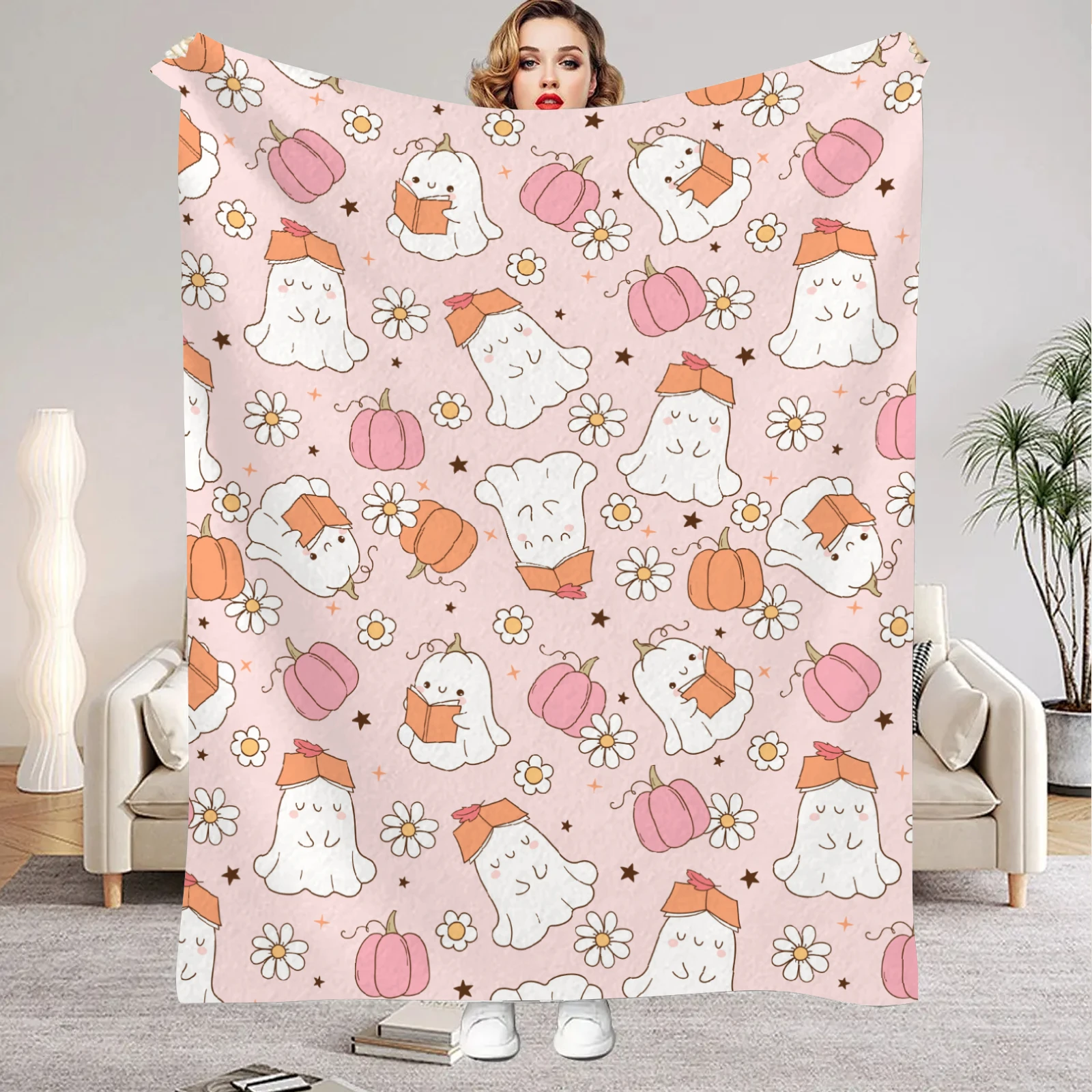 Pink Blanket Happy Halloween Lovely Ghost Books Soft Flannel Blanket for Home Living Room Bedroom Halloween Decor Birthday Gift