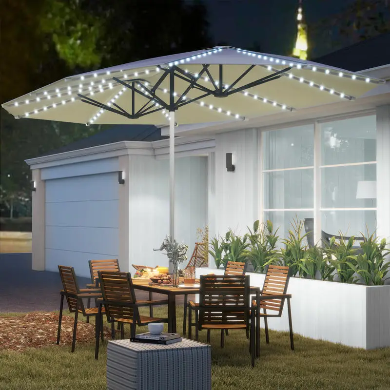 

Outsunny 15ft Double-Sided Outdoor Umbrella with Solar Lights, UPF50+ Extra Large Aluminum Patio Umbrella with Crank, Cream White