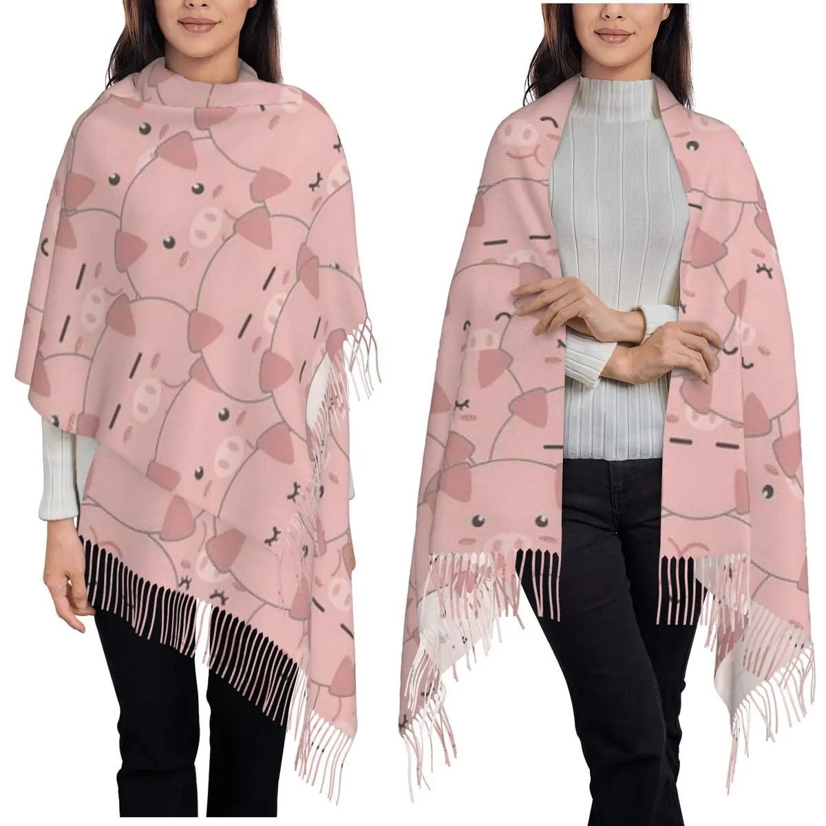 Cartoon Pink Cute Pig Pattern  Scarf Tassel Scarves for Women Soft Warm Shawls and Wraps Large Fall Winter Shawl Wrap