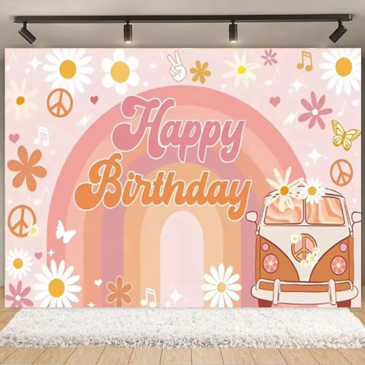Pano de fundo para primeiro aniversário de meninas, boho, arco-íris, margaridas, ônibus, festa infantil, chá de bebê, cenário decorativo para fotografia
