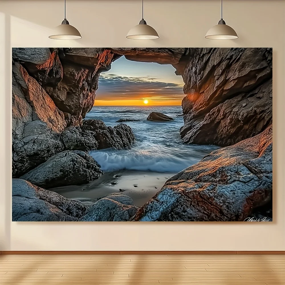 Ocean Cave Sunset Beach Tapestry Rocky Shoreline Sea View Wall Hanging Coastal Decor Living Room Art Print