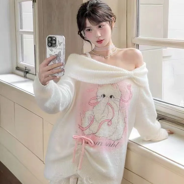 Autumn Winter Cute Soft  Print oulder Bared Long Sve Loose Fit Comfortable Warm Polyester Fiber Women's Sweater Top