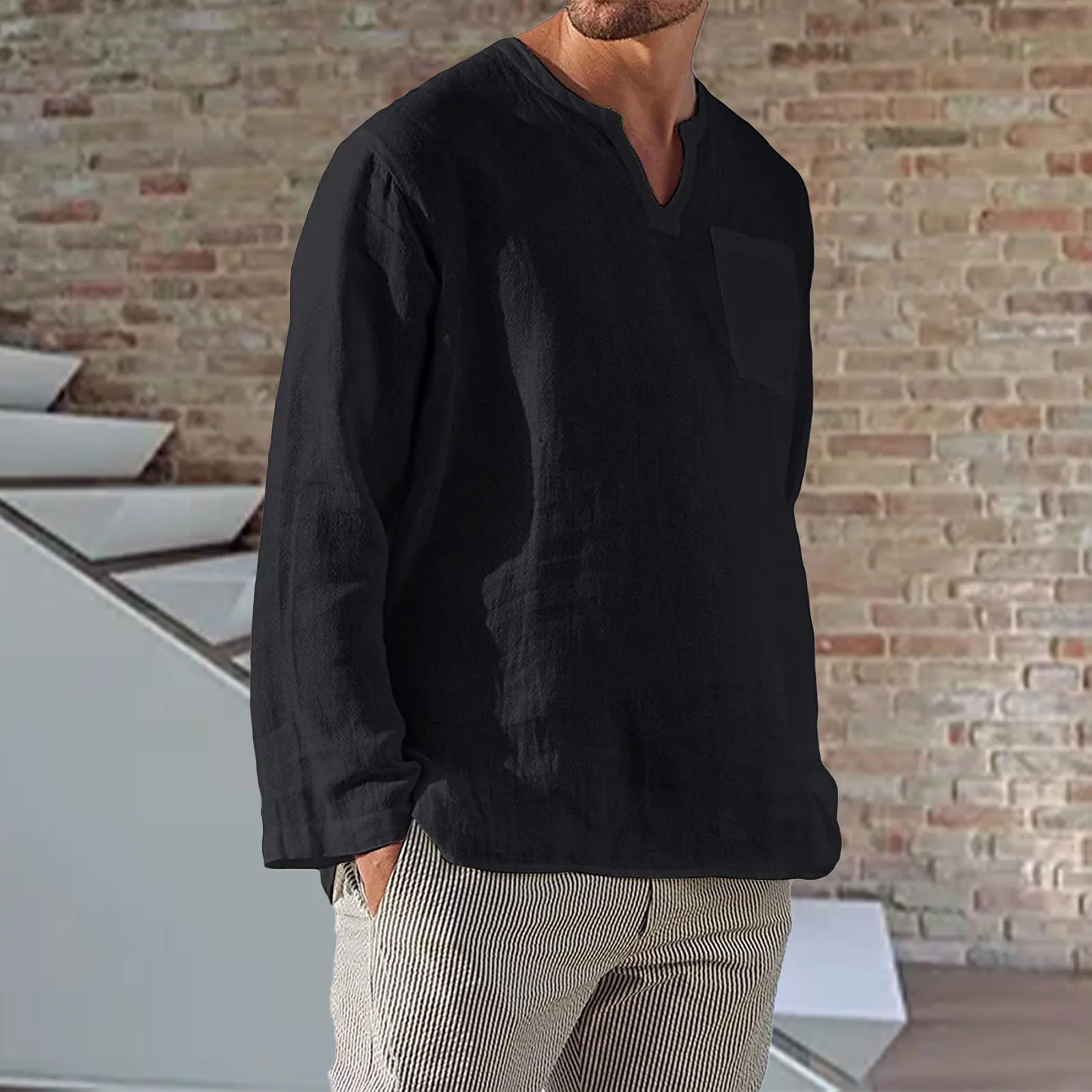 

Men's Casual Linen Long Sleeve Shirt V-neck Non-sticky Shirts Suitable for Going Shopping Wearing NIN668