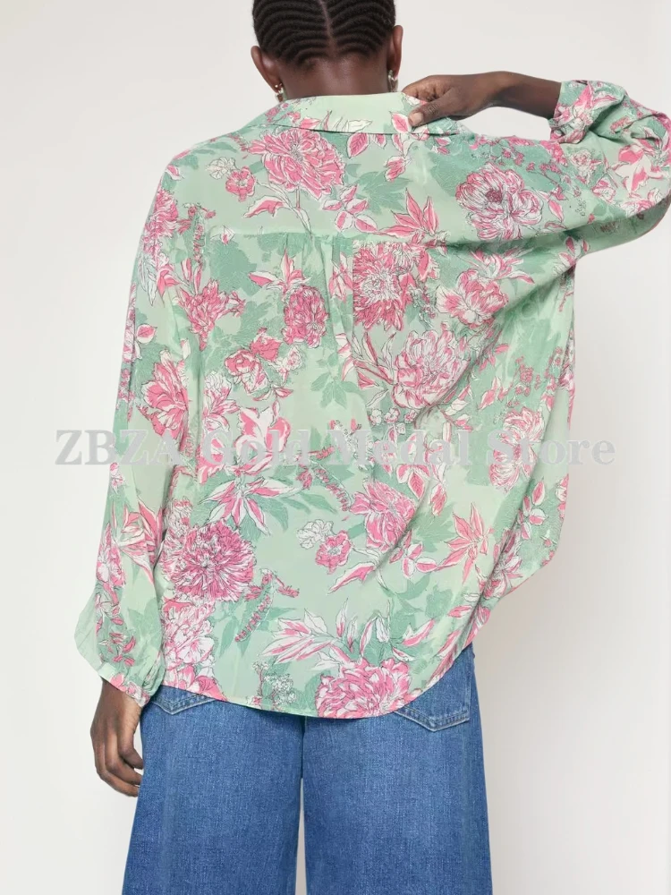 Women\'s Vintage Satin Floral Print Shirt V-neck Lapel Long Sleeves Shirt Front Placket Single Breasted Blouse Fall Female Shirts