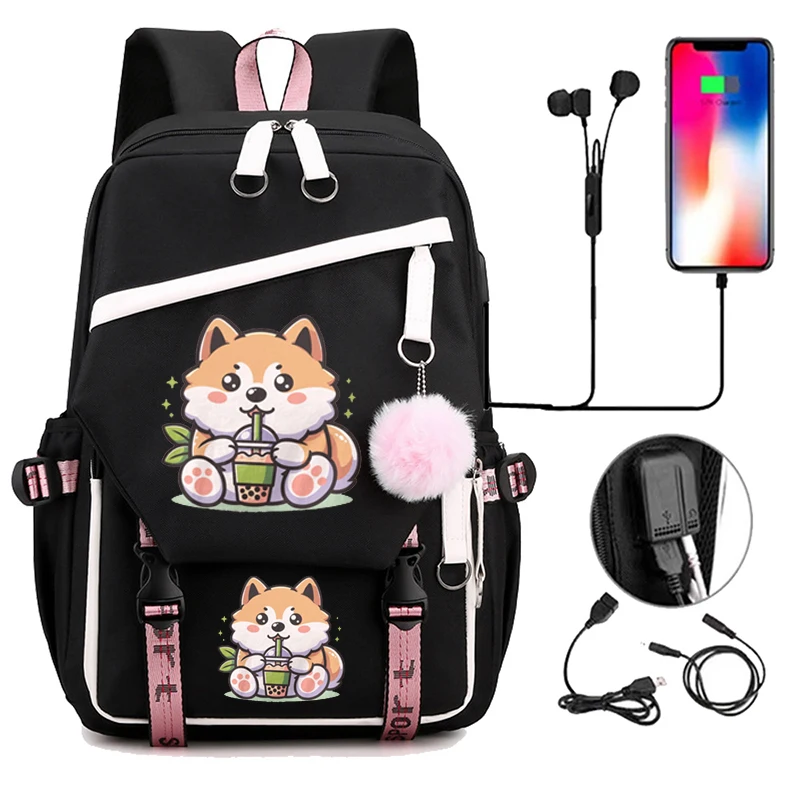 

Large Capacity Students Backpack Casual Waterproof Nylon Shoulder Bag Shiba Inu Drinking Boba Tea Fashion Travel College Bagpack