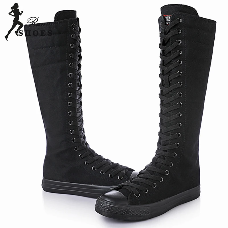 2023 Spring Autumn Women Shoes Canvas Casual High Top Long Boots Lace-Up Zipper Comfortable Flat Mid-Calf Boots Sport Large Size