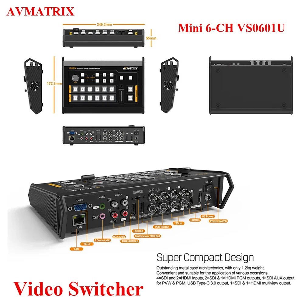 

AVMATRIX VS0601U Streaming Video Switcher 6 Channel Mini 4×SDI 2×HDMI Inputs Multi-Format with USB Type-C Output GPIO Interface