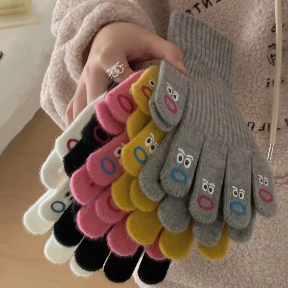 Cute Funny Faces Gloves Touchable Screen Five Finger Gloves Korean Style Women's Autumn/Winter Knitted Yarn Warm Cycling Mittens