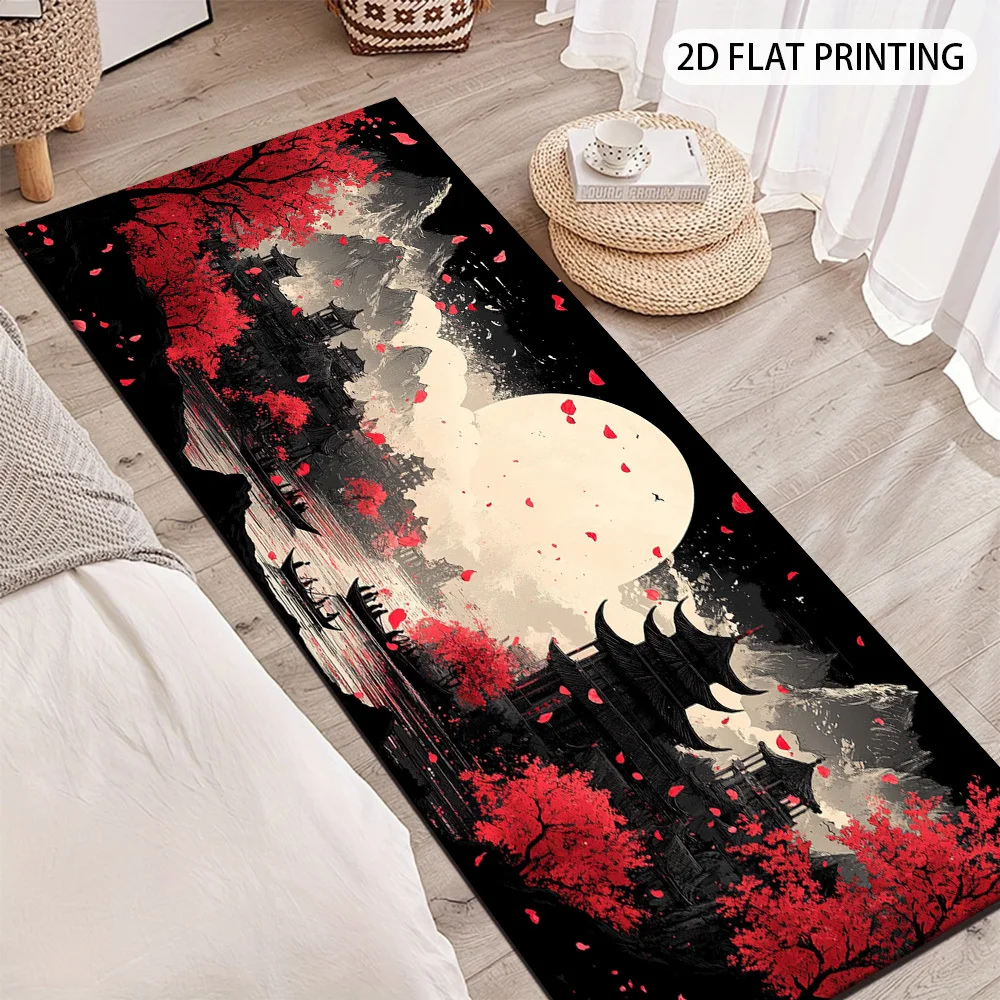 Oriental Red Sakura Ancient Pavilion Big Moon Runner Rug, Non-Slip Mat for Bedroom Entryway Bathroom Vintage Asian Style Decor