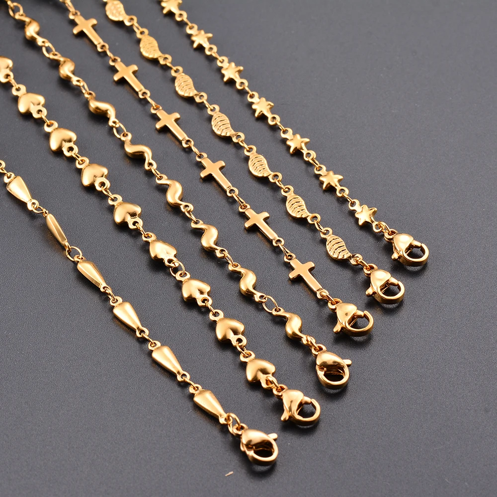 1Pc Length 18cm-100cm Stainless Steel Handmade Heart Link Chain Necklaces Bracelet For Women Heart Cross Bracelet Jewelry