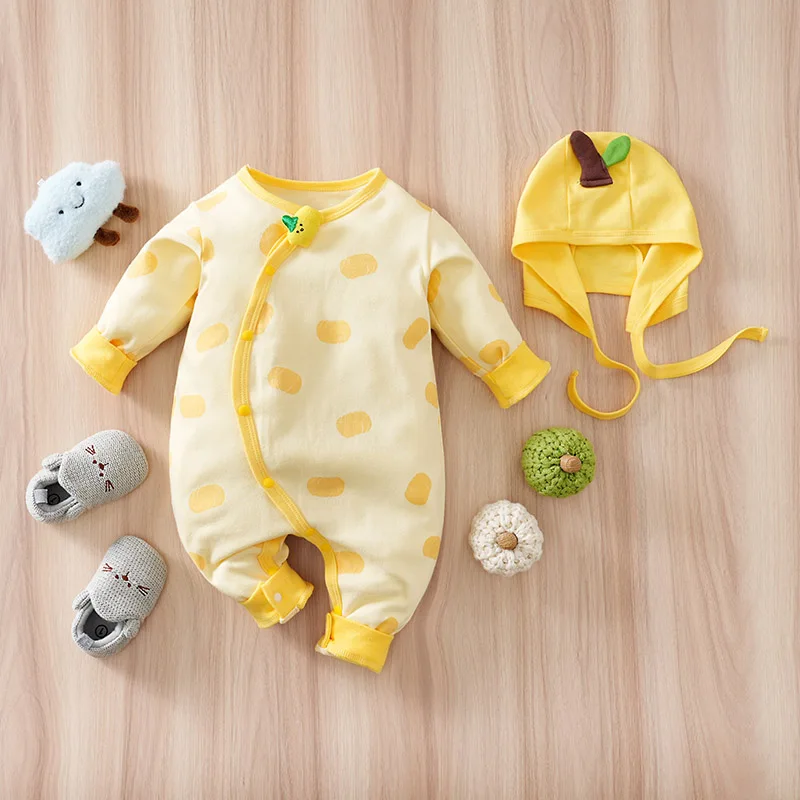 

2-piece jumpsuit + hat Fresh lemon yellow long-sleeved cotton newborn jumpsuit Breathable Durable Convenient Practical Versati