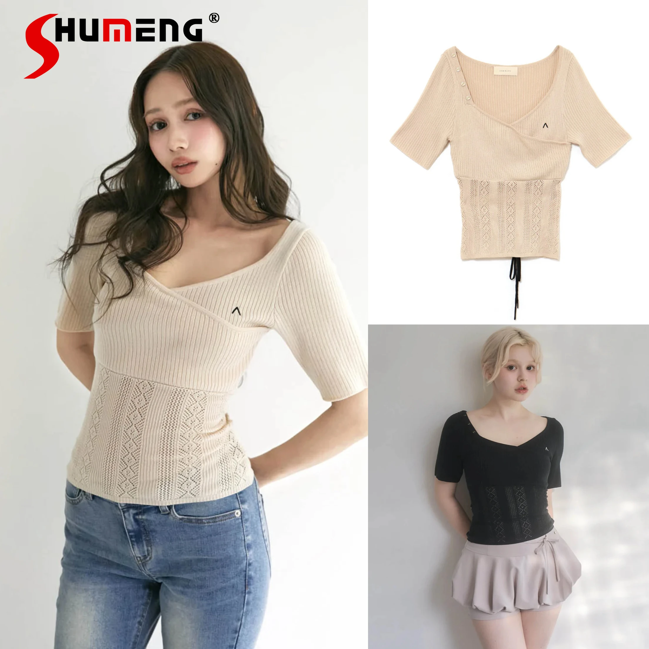 

Japanese Sweet Knit Top 2025 Spring Summer New Girl's Hollow V-neck Knitted Five-quarter Sleeve Tops Women's Daily T-shirts