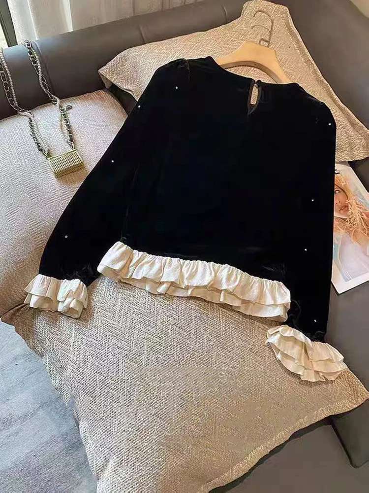 Black Velvet Patchwork Blouse Women Y2K Korean Chic Splicing Crop Tops Autumn Long Sleeve Diamond Embellished Female Shirt New