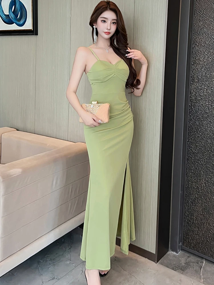 2025年 グリーン プリーツ ボディコン セクシー スリング ロングドレス レディース エレガント ラグジュアリー スリット ドレス 夏 韓国 ヴィンテージ フェスティバル パーティー ワンピース