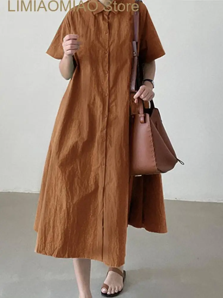 New Summer Women Dress Cotton Linen Solid Color Lapel Short Sleeve Single Breasted Simple Loose Casual Women Long Shirt Dress