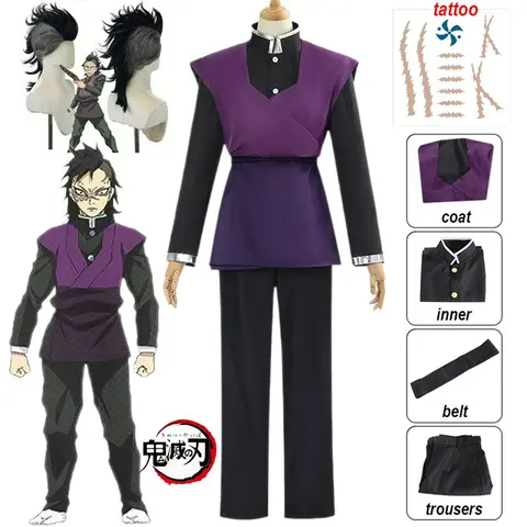 Shinazugawa Genya Cosplay Costume Anime Demon Wig Tattoo Kimetsu No Yaiba Kisatsutai Team Uniform Shirt Pants Full Set Men Cos