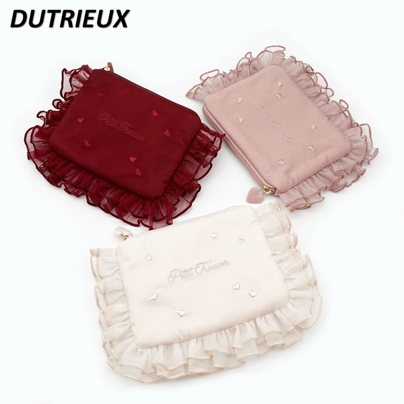 Fashion Japanese Style Sweet Cute Ladies Love Embroidery Soft Yarn Lace Tissue Bag Elegant Casual Storage Bags for Women