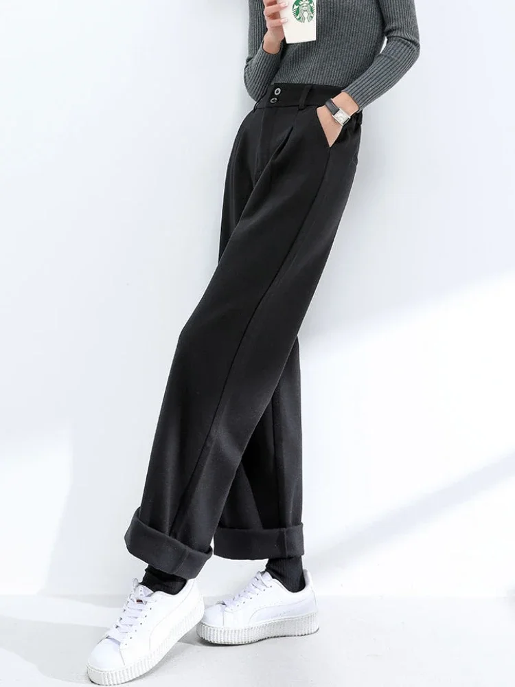 S-3XL High Waist Pants Women New Basic Wide Leg Leisure Thicken Winter Simple Elegant Office Lady Streetwear All-match Harajuku